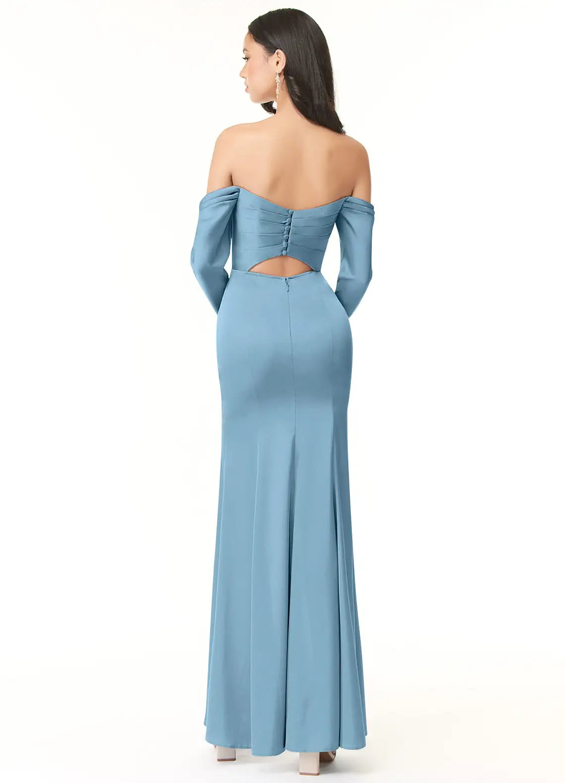 Sheath Off-The-Shoulder Long Sleeve Stretch Satin Convertible Dress-Blue #color_Steel Blue