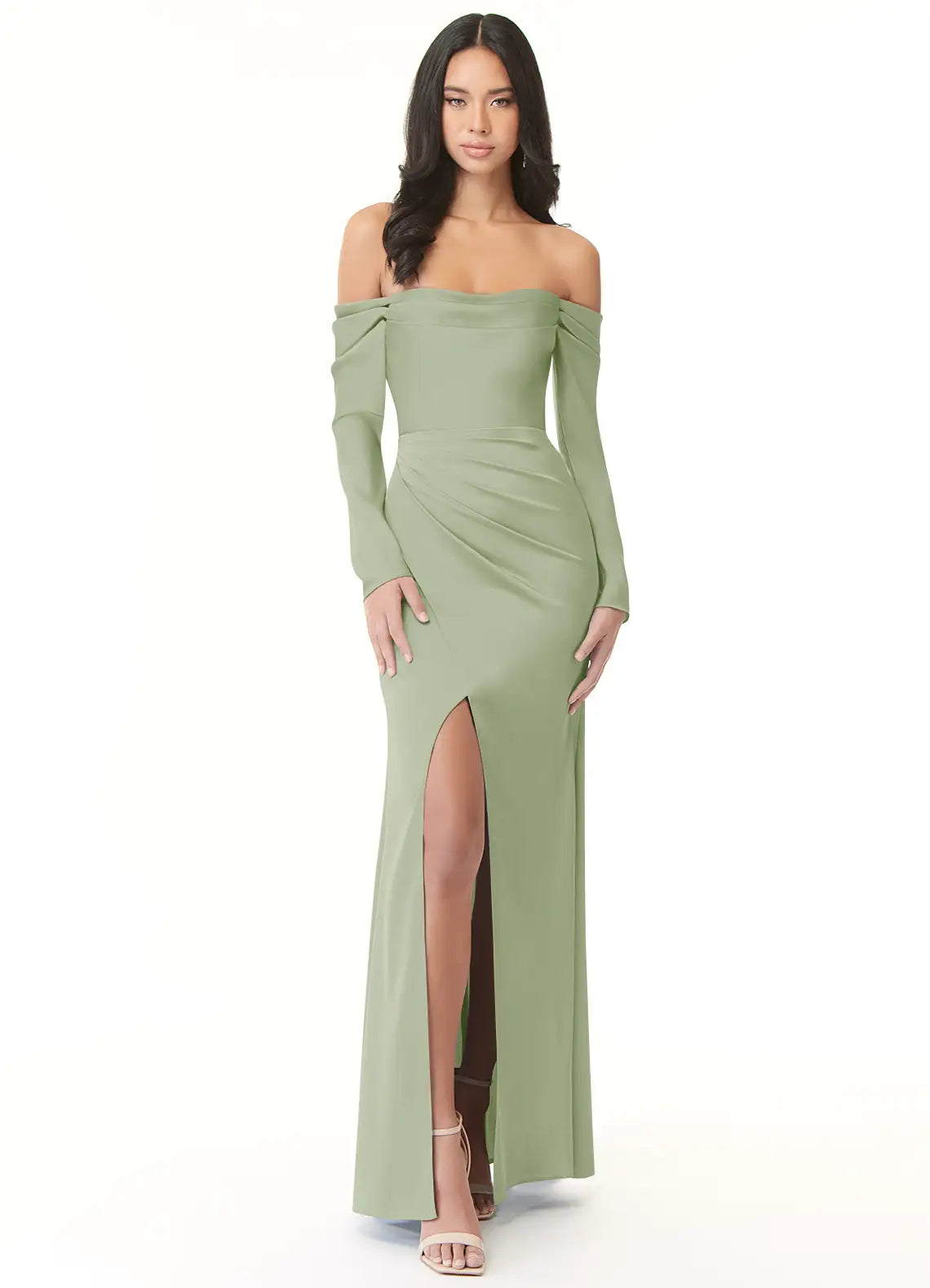 Sheath Off-The-Shoulder Long Sleeve Stretch Satin Convertible Dress-Green #color_Smoky Blue