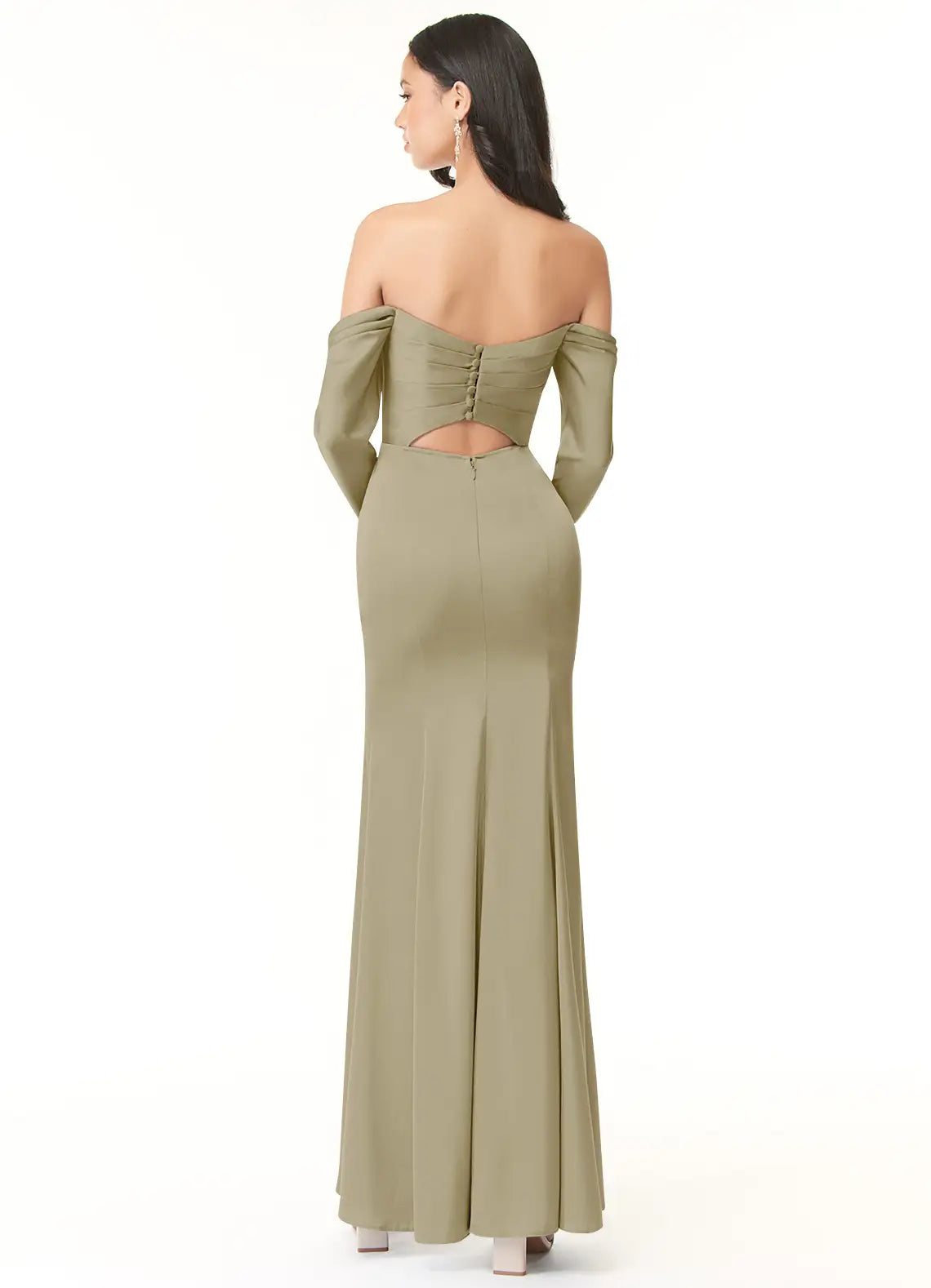 Sheath Off-The-Shoulder Long Sleeve Stretch Satin Convertible Dress-Green #color_Moss Green
