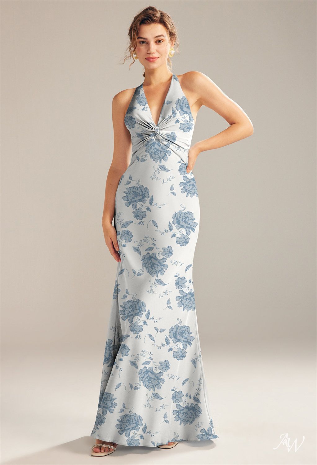 Floor-length Mermaid Maxi Dress-Floral #color_Dusty Blue Peonies