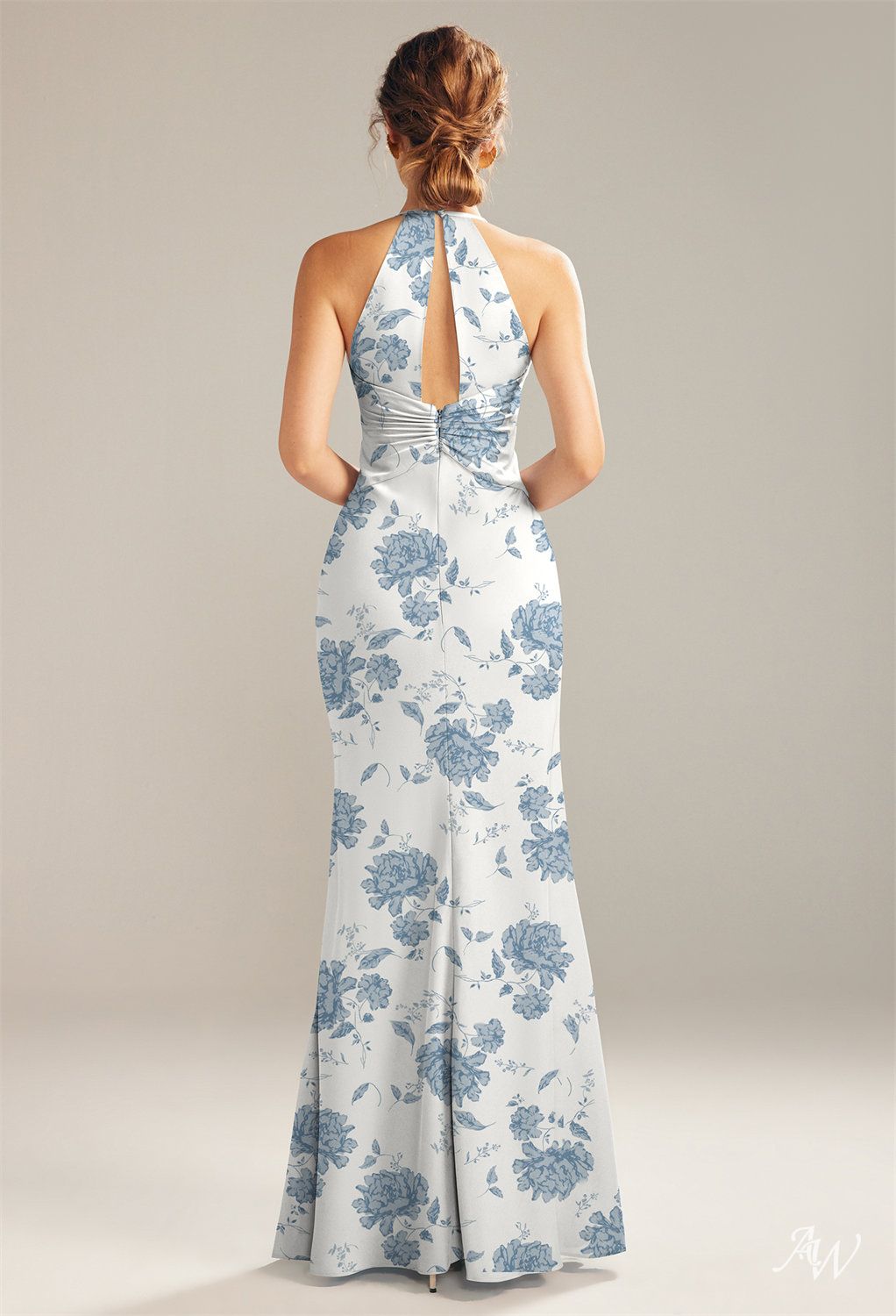 Floor-length Mermaid Maxi Dress-Floral #color_Dusty Blue Peonies