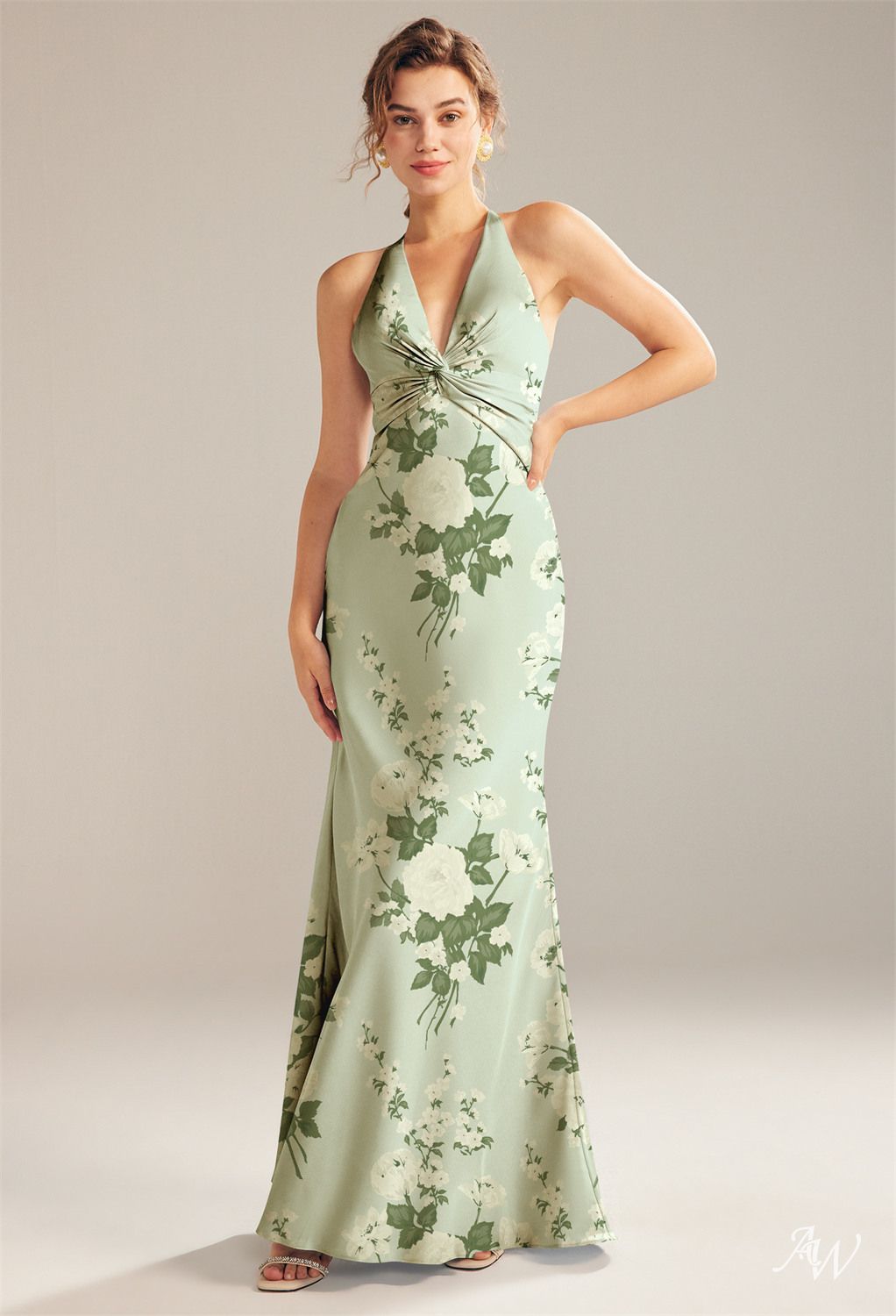 Floor-length Mermaid Maxi Dress-Floral #color_Mottled Moss Green