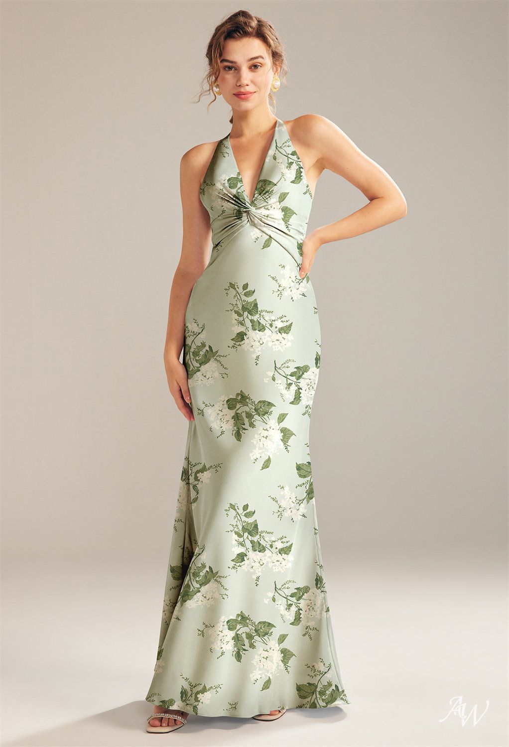 Floor-length Mermaid Maxi Dress-Floral #color_Sage Garden Party
