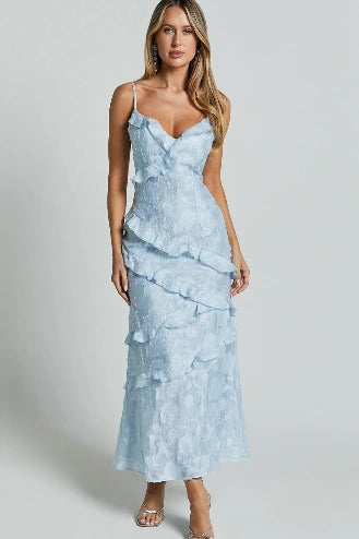 Jacquard Ruffle Detail Tiered Midi Dress | Light Blue