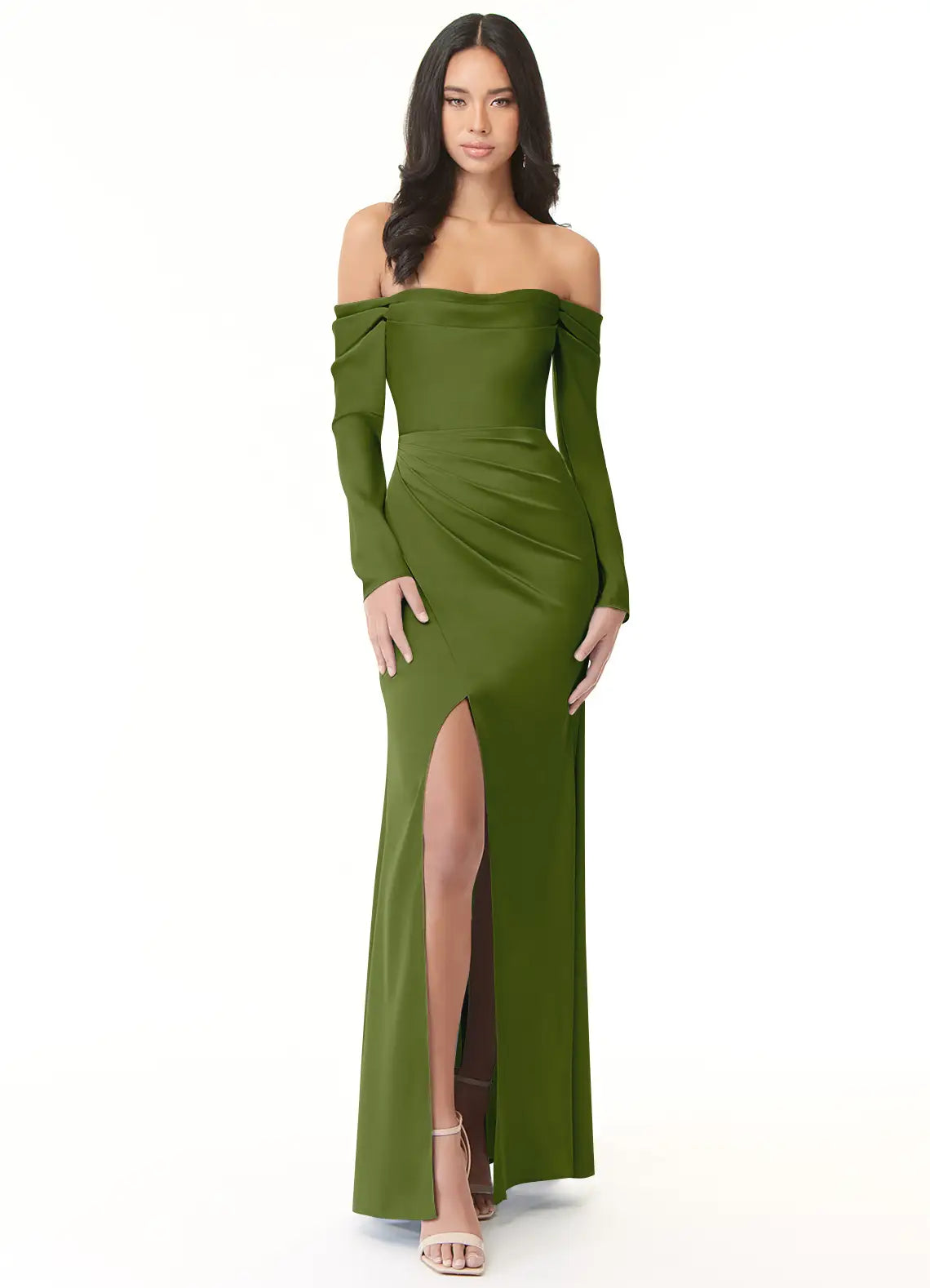 Sheath Off-The-Shoulder Long Sleeve Stretch Satin Convertible Dress-Green #color_Juniper