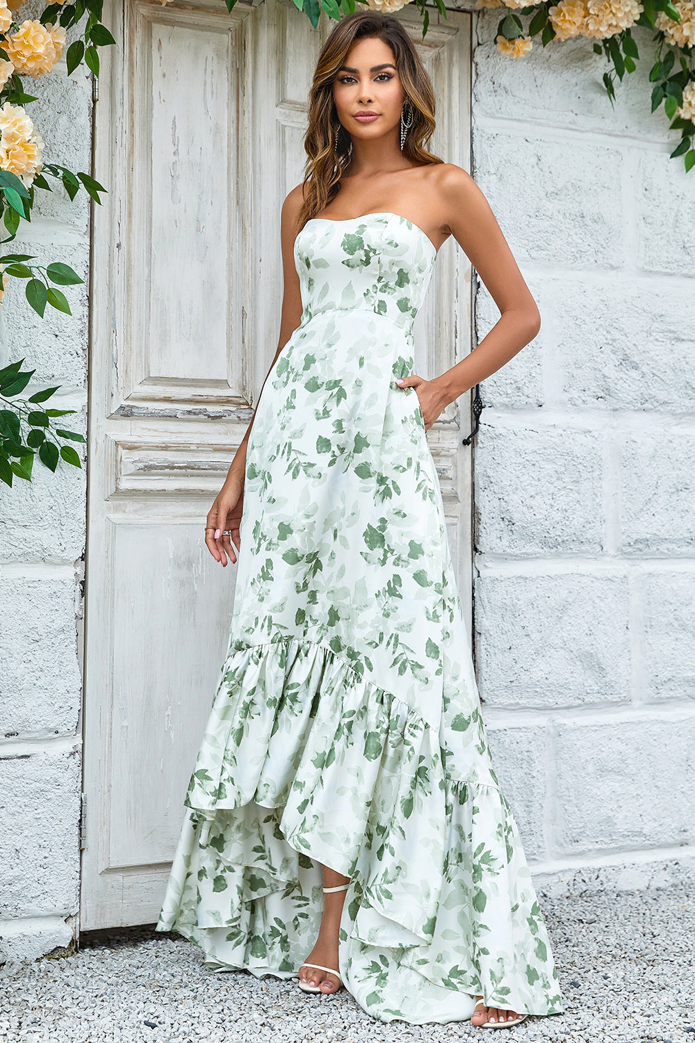 Green Asymmetrical Long Wedding Dress
