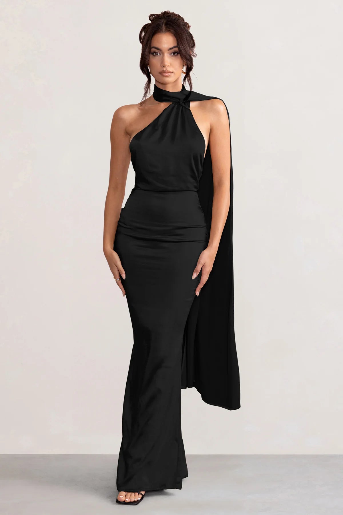 Satin Asymmetric Scarf Neck Backless Maxi Dress #color_Black