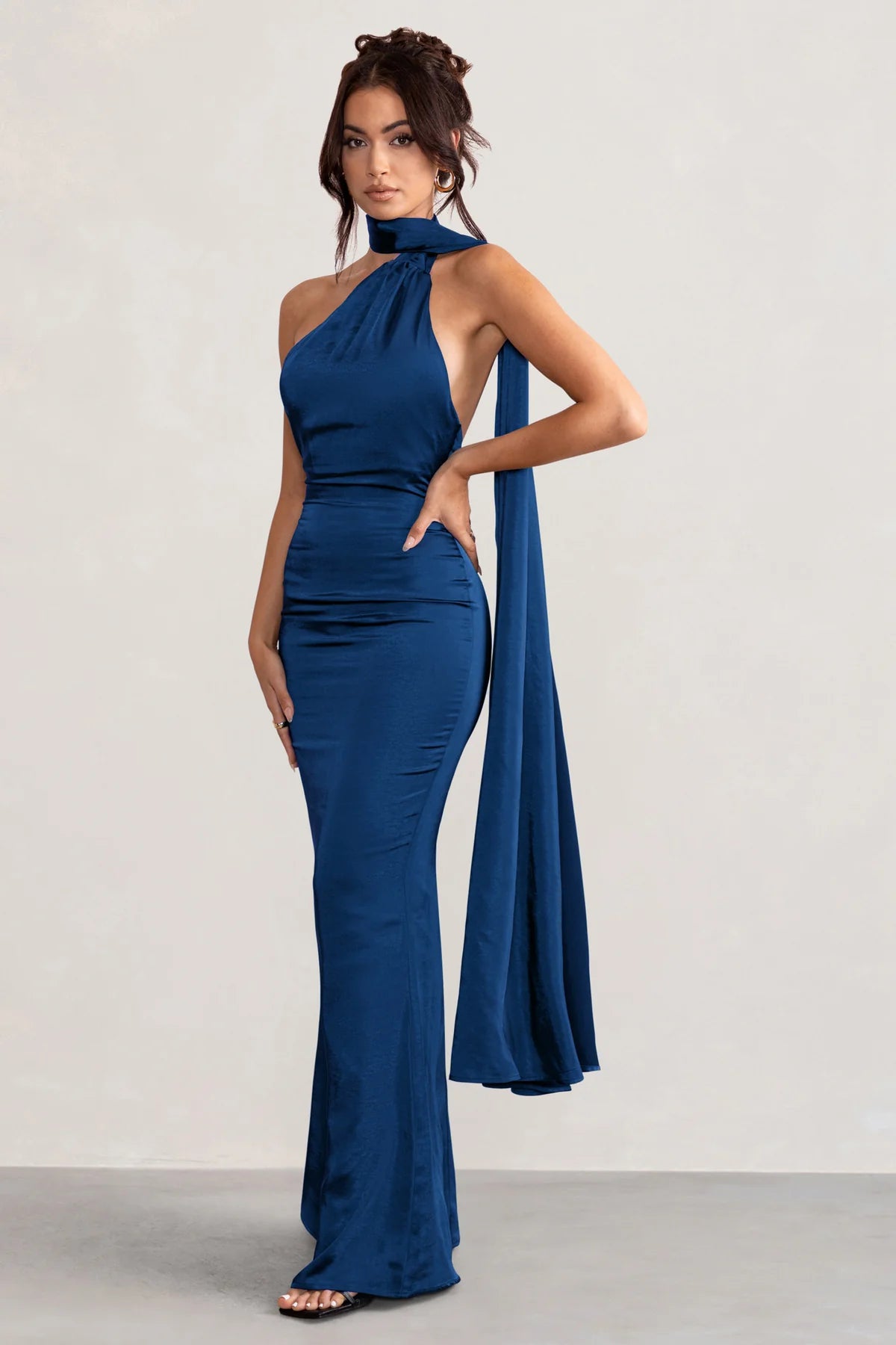 Satin Asymmetric Scarf Neck Backless Maxi Dress #color_Navy