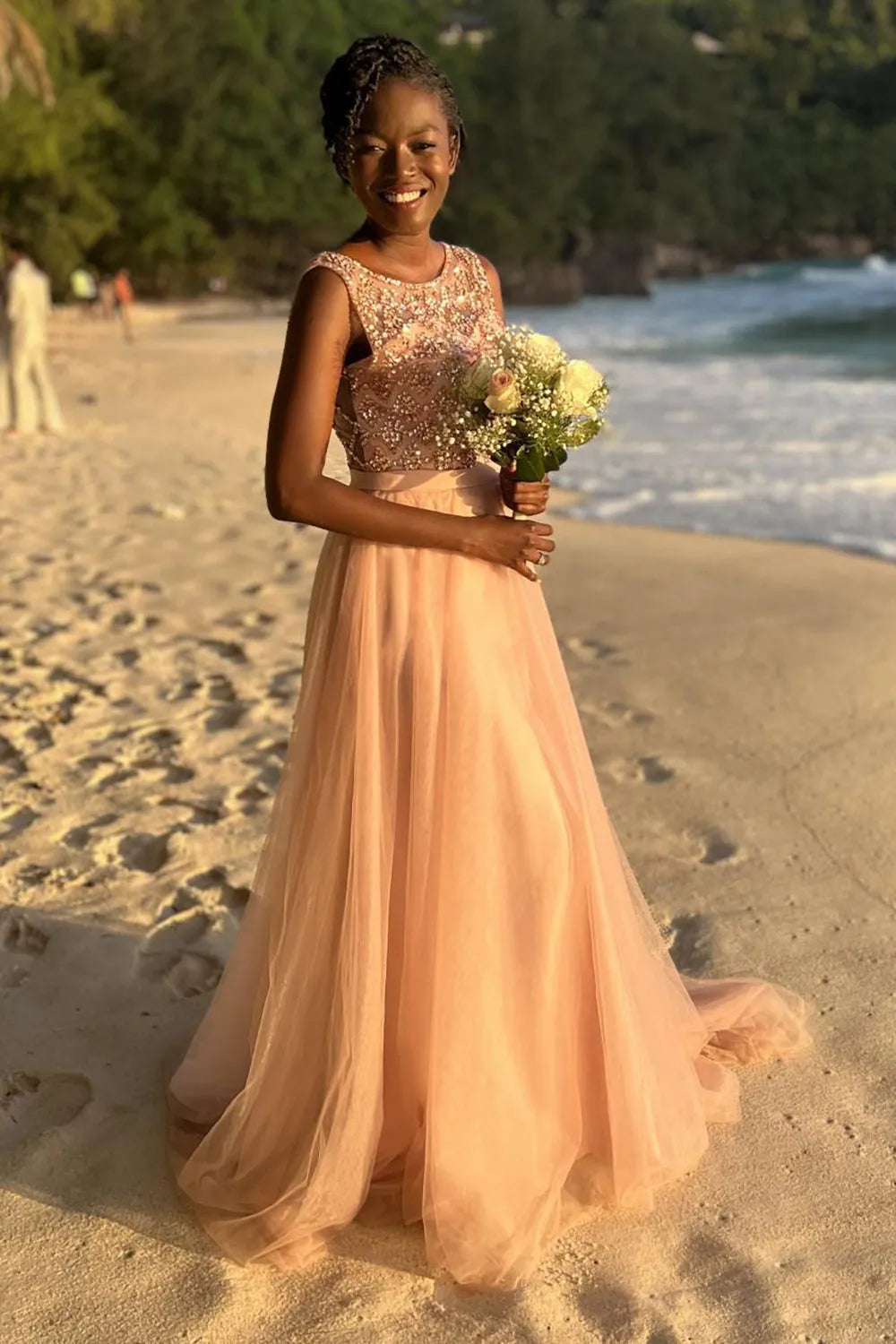 Sparkly Beaded Long Tulle Dress | Pink