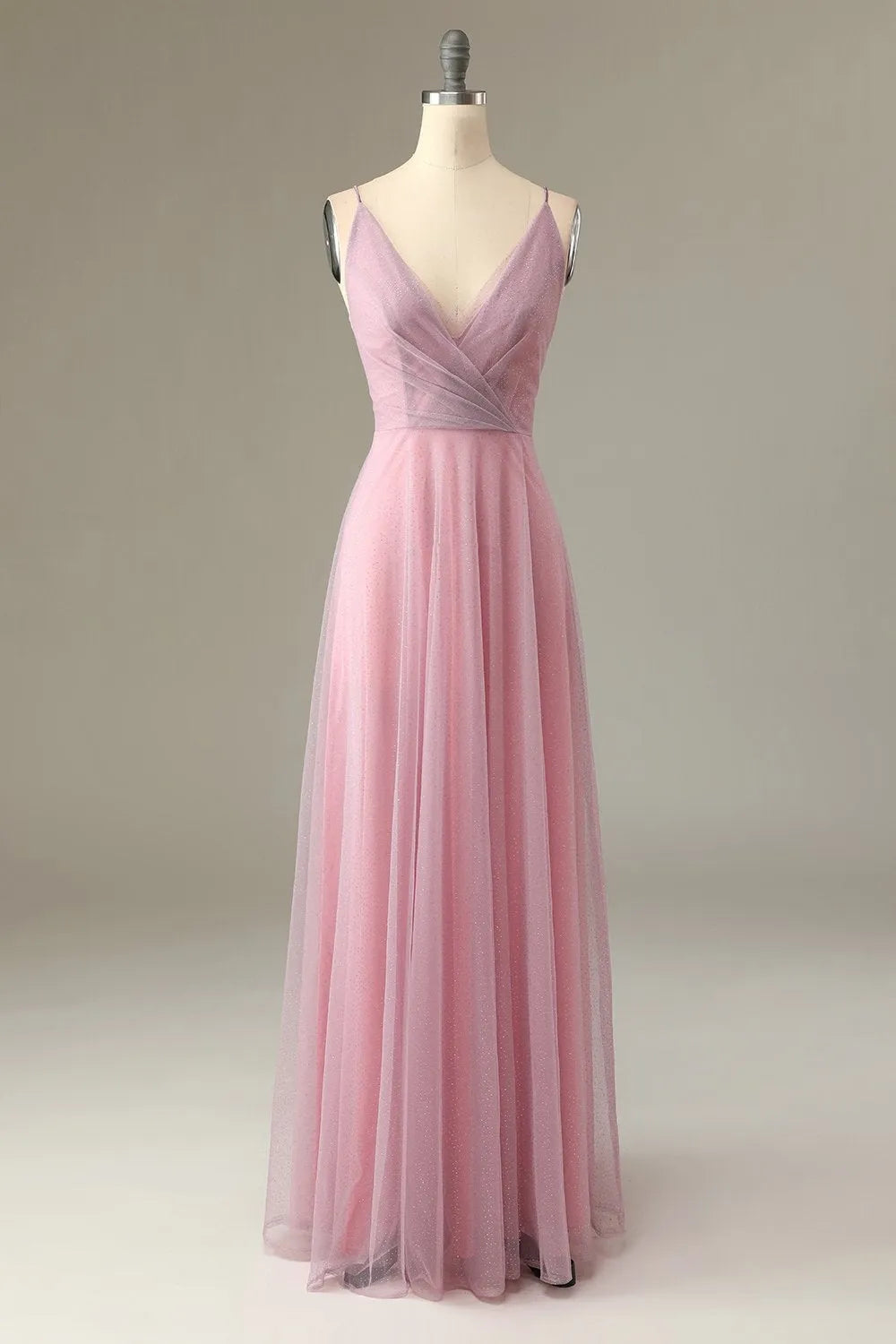 A Line Spaghetti Straps Long Dress | Grey Pink