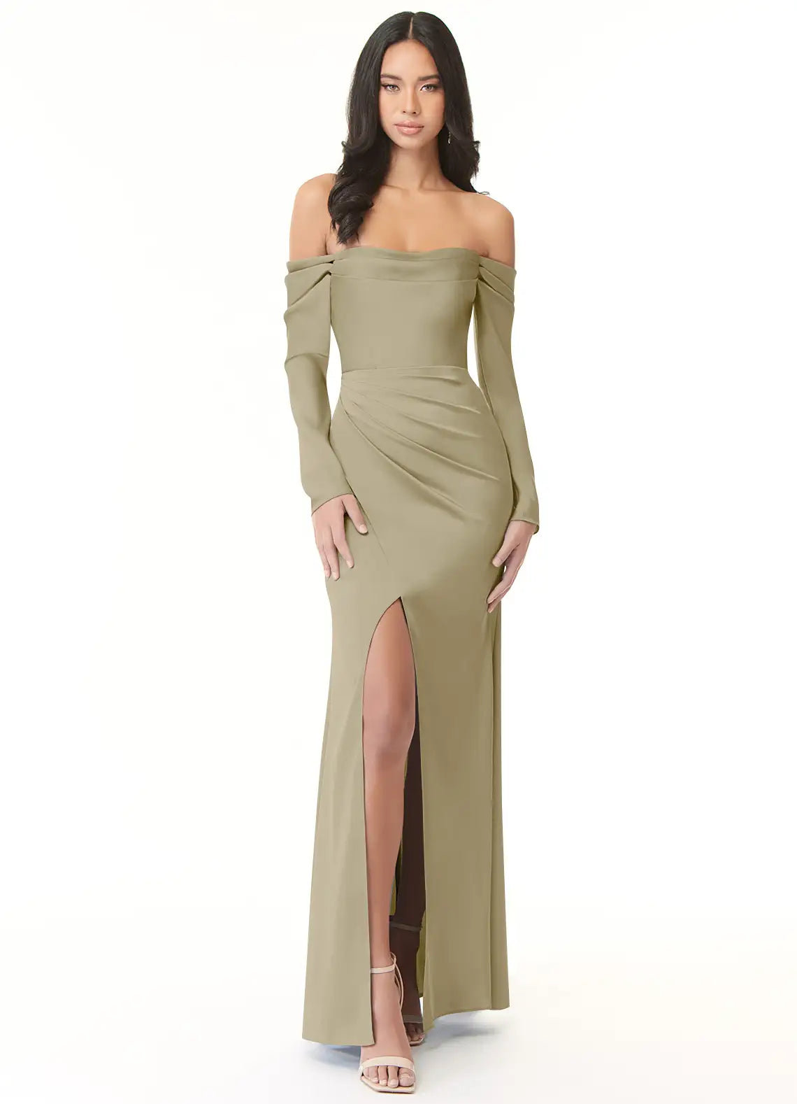 Sheath Off-The-Shoulder Long Sleeve Stretch Satin Convertible Dress-Green #color_Moss Green