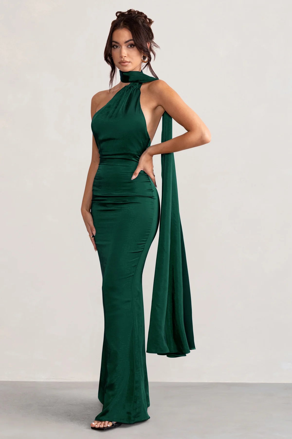 Satin Asymmetric Scarf Neck Backless Maxi Dress #color_Bottle Green